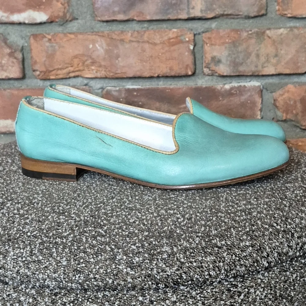 Italian Turquoise Leather Smoking Flats EU 37 Artisan Loafers Coastal Chic - Picture 3 of 13